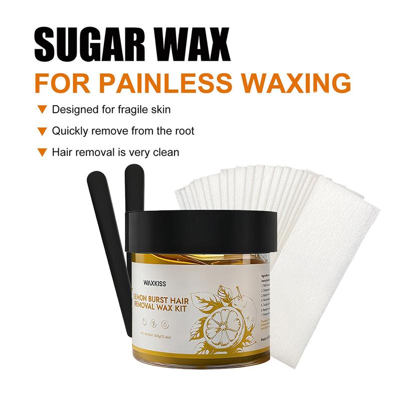 Waxkiss Lemon Burst Hair Removal Wax Kit 10.6oz/300g with 12 Strips & 2 Sticks for Face Eyebrow Body Legs Arms Bikini Back Sensitive Skin All Types