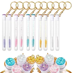 10 Pcs Disposable Eyelash Mascara Brushes Wands Tubes Set Rhinestones Eyebrow Spoolies with Reusable Empty Container Keychain Eyebrow Applicator Makeup Tool Kit for Eyelash Extension