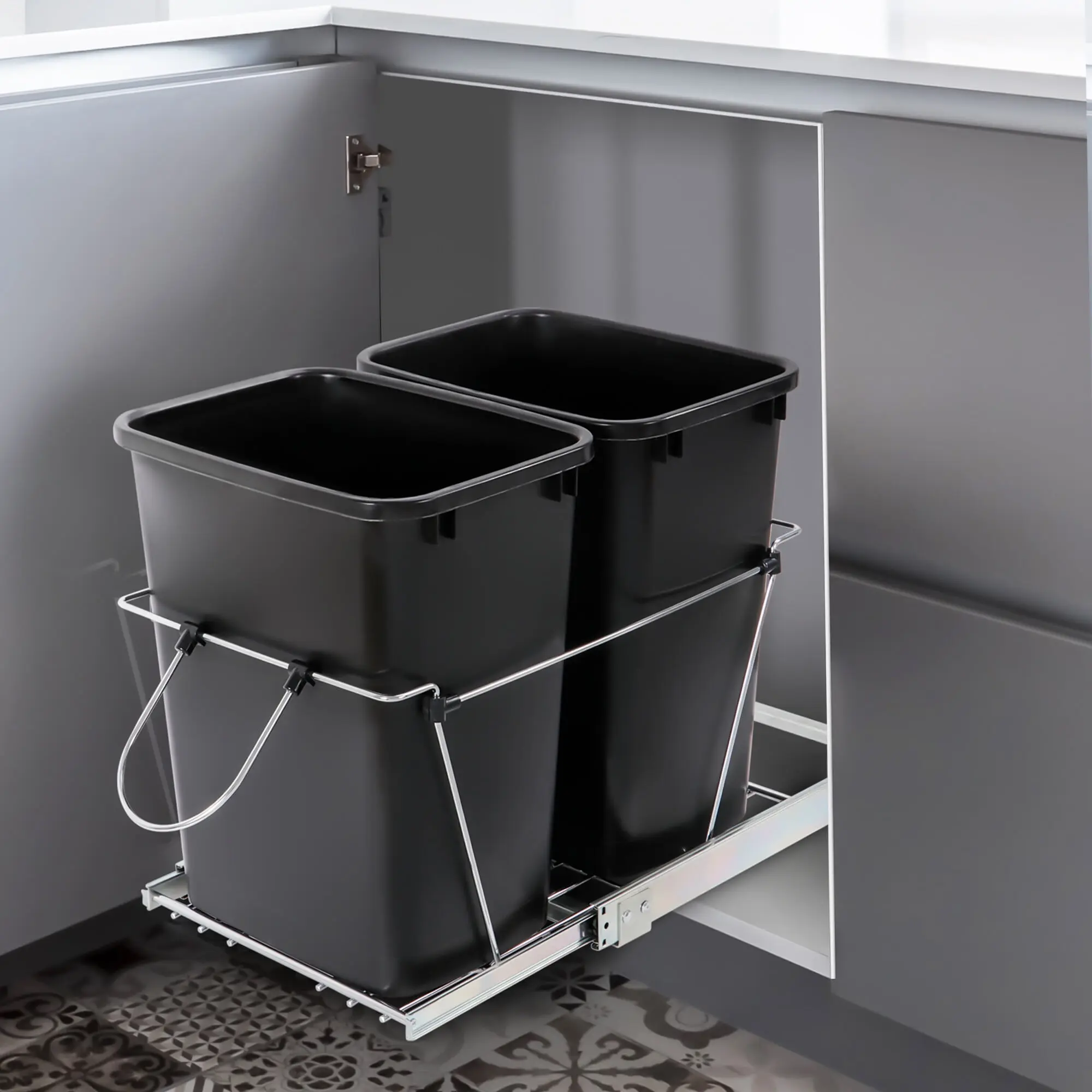 Zeny Smooth Ball-Bearing Dual 35Qt/8.7Gal Pullout Kitchen Garbage Can - Black Plastic+Steel Removable Bins, Chrome Frame, Pre-Assembled Under-Cabinet Organizing Storage Bin,summerwins