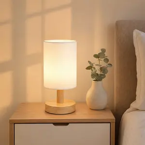 Small Bedside Table Lamp for the Bedroom, Natural Round Wood Base & Linen Fabric Shade, Cozy Night Light for Reading, Minimalist Boho Desk Lamp for Nightstands, Living Rooms, Kitchens, and Dorms