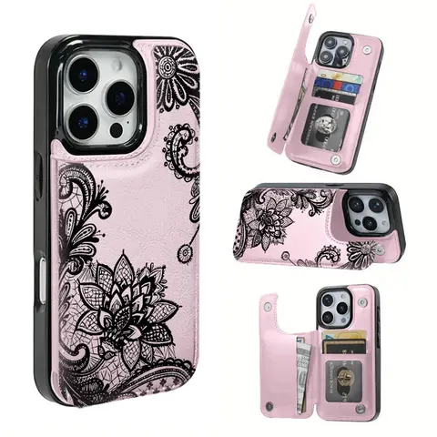 Lace Flower Pattern TPU Cellphone Case - Handheld Device Protection Cover with Card Slot for Bank/Bus Cards, Compatible with iPhone 16 Pro Max,16,15 Pro,14 PLUS,13,12 Pro Max, Ideal Mobile Accessory Gift