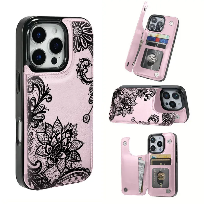Lace Flower Pattern TPU Cellphone Case - Handheld Device Protection Cover with Card Slot for Bank/Bus Cards, Compatible with iPhone 16 Pro Max,16,15 Pro,14 PLUS,13,12 Pro Max, Ideal Mobile Accessory Gift