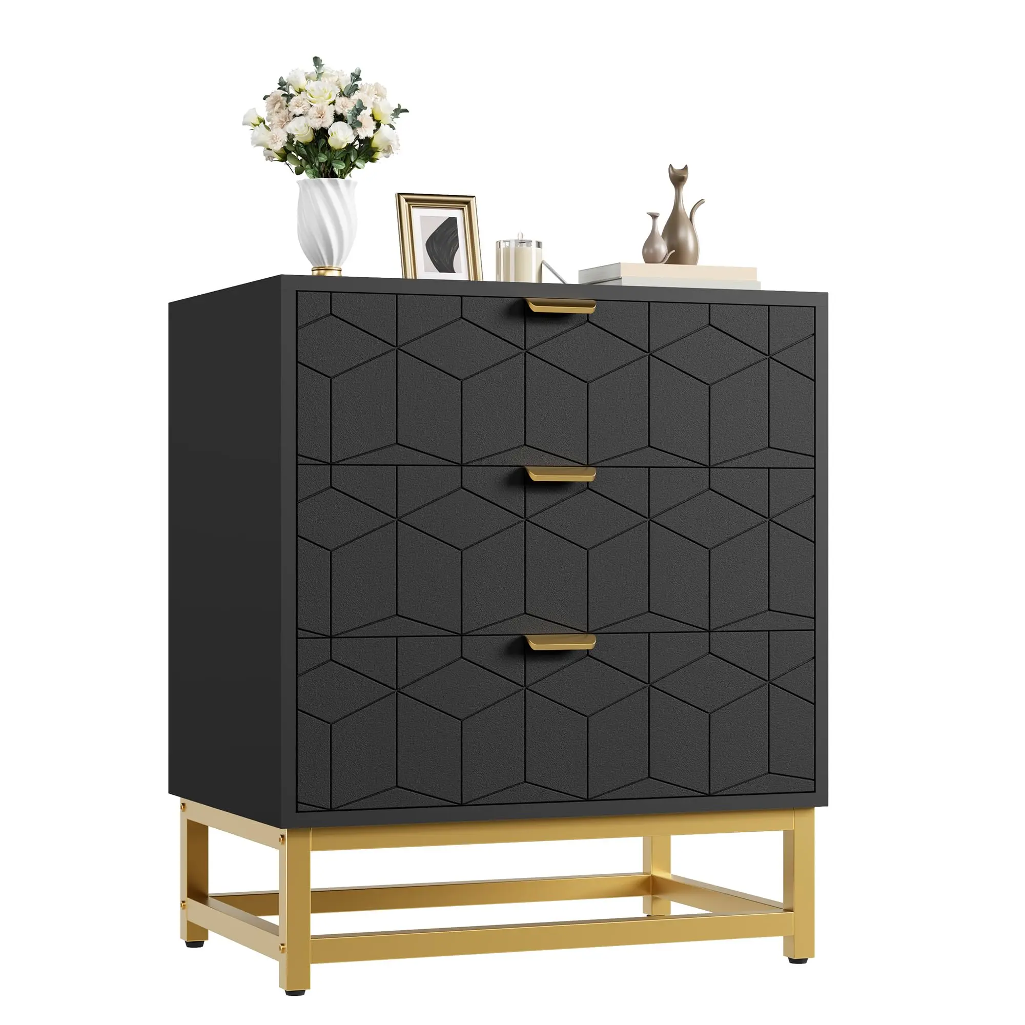 Garvee Black Dresser for Bedroom, 3 Drawer Dresser with Metal Legs, Wood Dressers Chest Organizer with Wide Storage, Modern Chest of Drawers for Bedroom, Living Room, Hallway