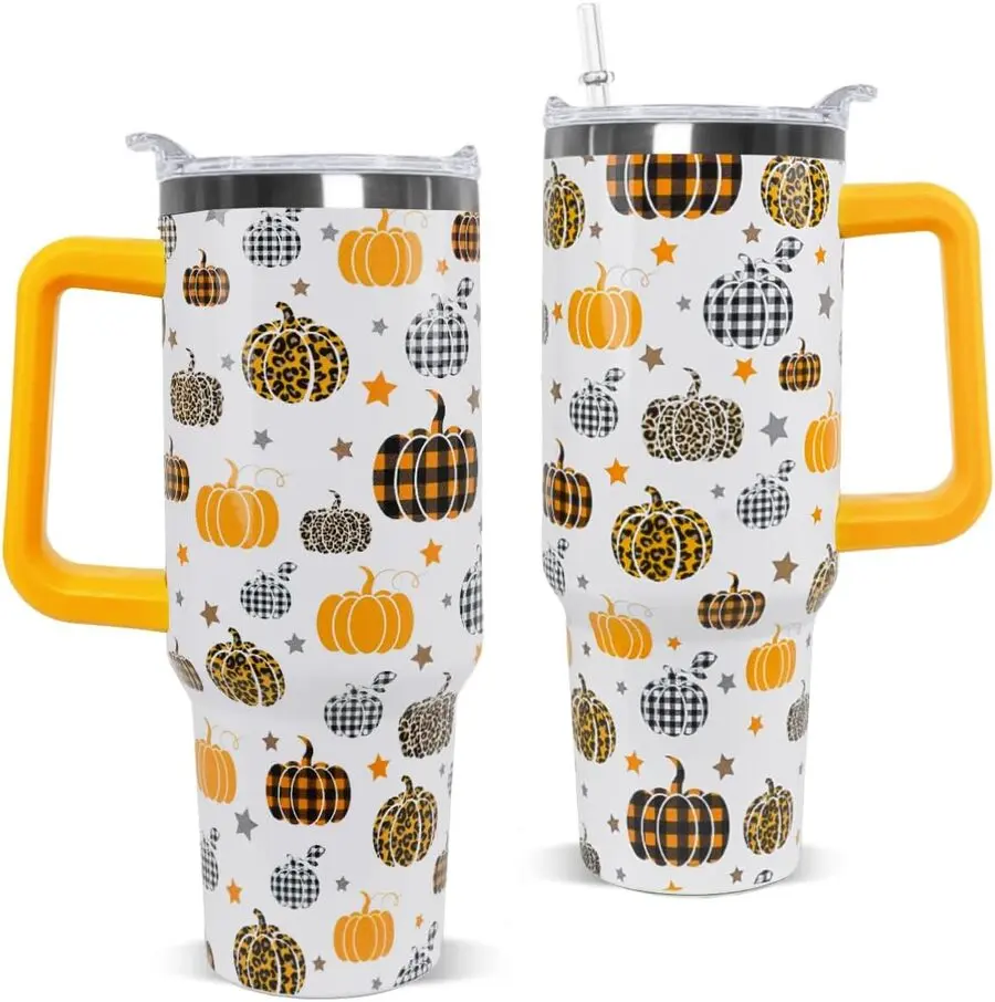 40 oz Portable Stainless Steel Insulated Fall Tumbler - Reusable Pumpkin Pattern Water Bottle with Handle, Straw, Lid - Drink Bottle for Thanksgiving, Birthday Gifts, Kitchenware Decor, Water Bottles