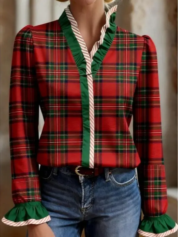 Women's Vintage Long Sleeve Plaid Polyester Blouse - Ruffle Trim, V-Neck, Festive Green Red, Long Sleeve Tops Women for Christmas, New Year Party, Street Winter Casual Dressy Shirt, Elegant, Holiday, Sweet, Elegance, Longsleeves