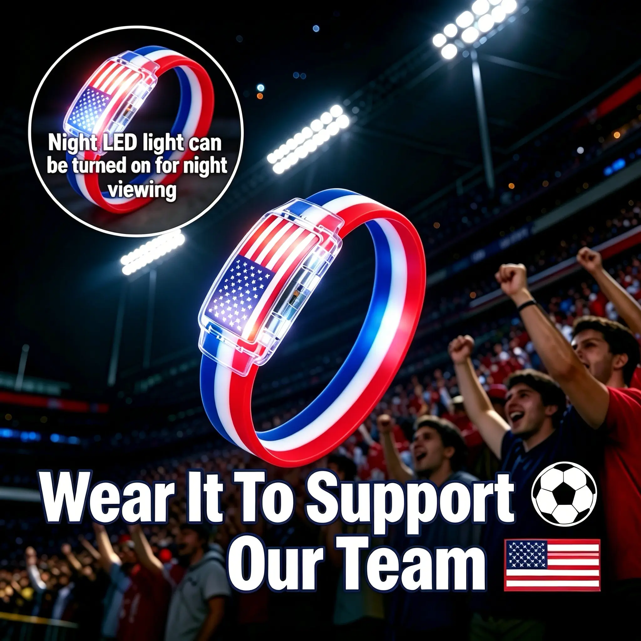 2026 USA LED Glowing Flag Silicone Wristbands, Luminous Fan Bracelets for Match Viewing Parties, Sports Team Pride AccessorySide Button Light Activated Wristbands， 2026 Soccer Match Fan Patriotic Luminous Bracelets Game Night Party Supporter Gift