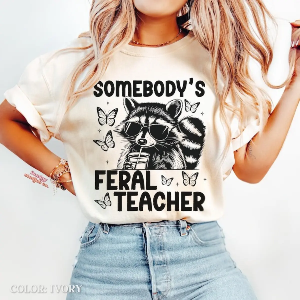 Somebodys Feral Teacher TShirt, Funny Raccoon Teacher Graphic Tee, Cute Butterfly Tee, Trendy Teacher Life T-Shirt