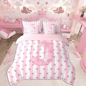 Pink Bowknot Comforter Set with Sheets 7 Piece Personalized Initial J Bedding Set for Kids Boys Girls Princess Bed in a Bag Kawaii Bow Alphabet Room Decor Cute Bowknot Strip Lines