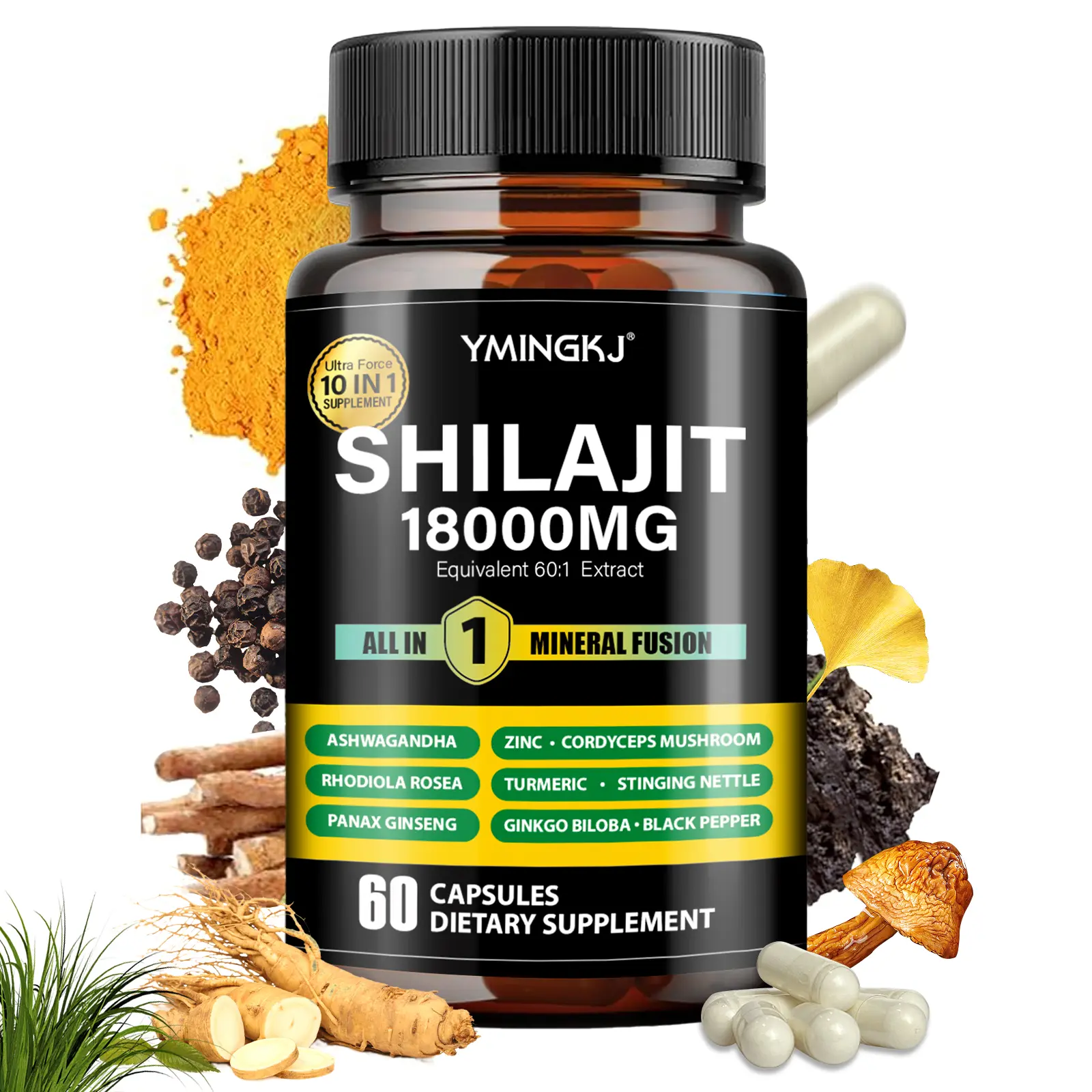 YMINGKJ Shilajit Complex Supplement - Formula Containing Ginkgo Biloba, Black Pepper, Ginseng, Rhodiola, Turmeric, - 60 Dietary Supplement Capsules