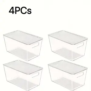 4-Pack Transparent Stackable Storage Boxes, Medium Plastic Bins with Handles, Ideal for Kitchen, Bathroom, Closet, Food Storage
