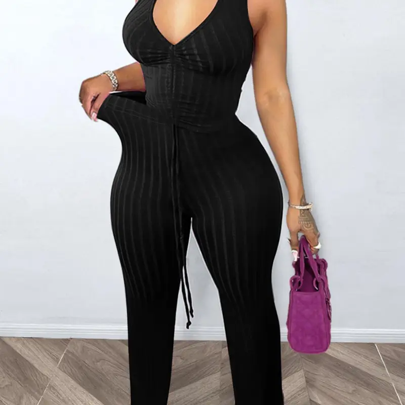 Women's Sexy Tie-Back Drawstring Deep V Two-Piece Set, Wide Leg Pants, European and American Style, Fashion, Cross-Border Export