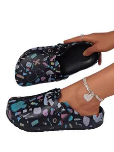 Women's Fashion Cartoon Print Hollow Out Shoes Eva Summer Non-Slip Work Shoes Lightweight Flat Soft Sole Adjustable Buckle Slip-On Beach Garden Fall Home Slippers