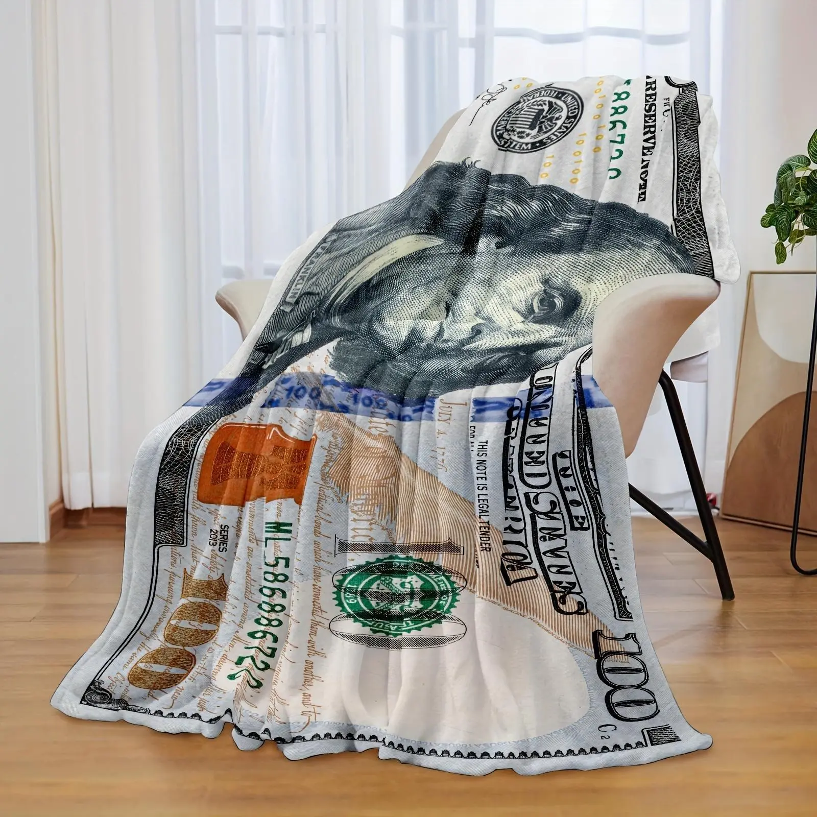 Novelty Cash Graphic Flannel Throw Blanket, Clear Vivid HD Printed Design, Multi-Purpose Cozy Cover for Beach, Camping, Office, Sofa & Living Room, Stylish Decorative Household Textile for Daily Indoor and Outdoor Use
