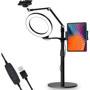 3-in-1 Selfie Desktop Live Stand, Height Adjustable/Overhead, 8" LED Ring Light, Compatible with 3.5-13" Tablet& Phone, Suitable for YouTube//Recording/Streaming/Online Meeting-B