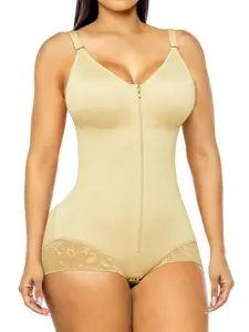 1 Count Women's Fashion Adjustable Thin Strap Fit Shapewear, Colombian Shapewear, Front Zipper & Inner Hook Closure Body Shaper, Lace Hem Anti-Slip Grip Jumpsuit, Fajas, Bust Support Shapewear Bodysuit, Great For Active Lifestyle