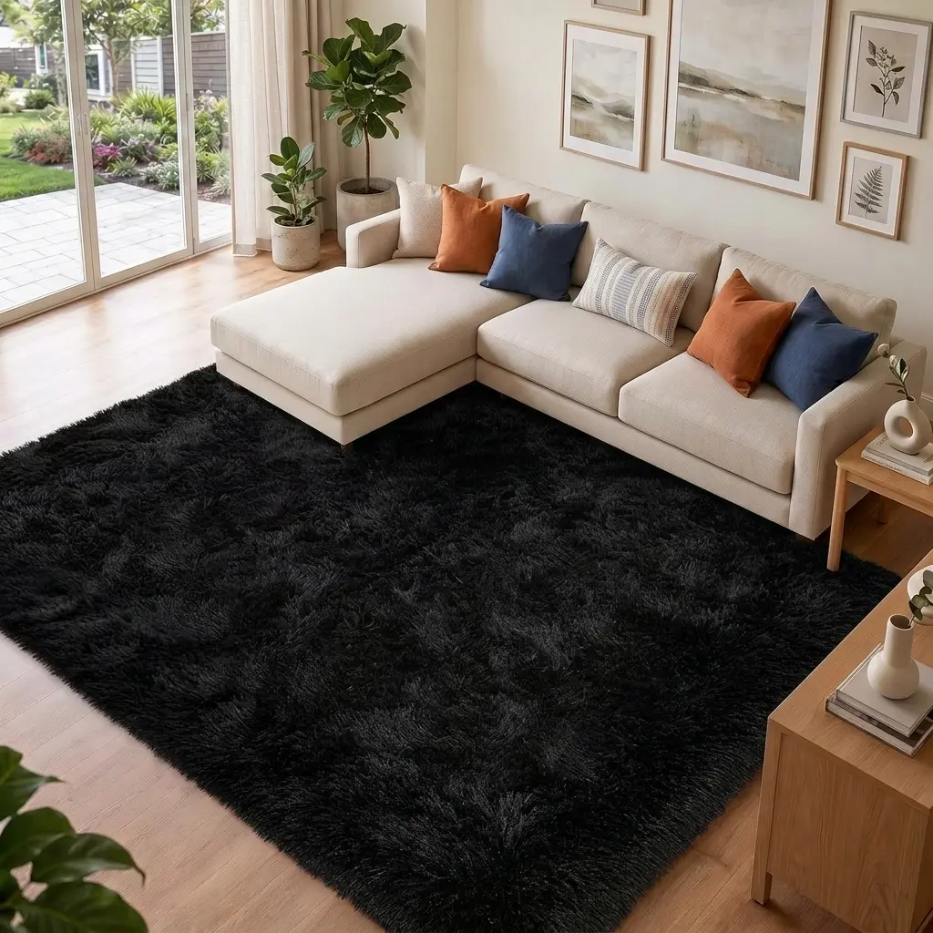 WISH TREE Black Cotton Fiber Fluffy Area Rug - Ultra Soft Flat Weave Shag Rug, Multi-Size Rectangle/Round/Oval Shapes for Bedroom, Indoor Use Cozy Fall Home Decor