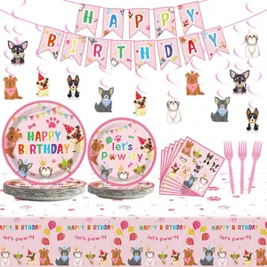 Dog Themed Party Decorations Set Including Dog tableware Set Serves 24 Guests Banners Cupcake Toppers Balloons Swirls Swirls card Aluminum foil balloon For Pink Dog Party Supplies And Baby Shower Decorations 168Pcs