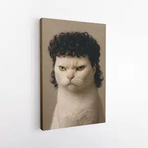 Funny Cat With Mullet Canvas Print, Grumpy Cat Wall Art, Quirky Animal Decor, Weird Retro Humor Poster, Surreal Funny Cat Portrait