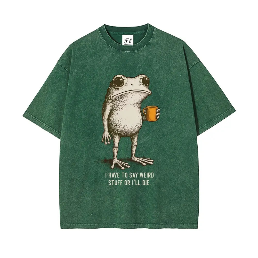 "I HAVE TO SAY WEIRD STUFF "Funny Frog Oversized Vintage Graphic T-Shirt, Retro Streetwear Casual Top in Soft Eco-Friendly Washed Stretch Cotton, Fabric