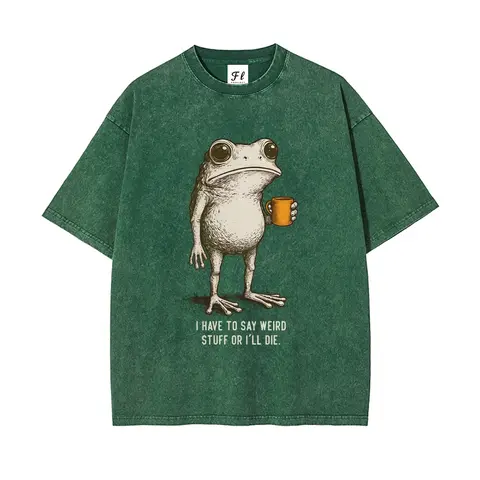 "I HAVE TO SAY WEIRD STUFF "Funny Frog Oversized Vintage Graphic T-Shirt, Retro Streetwear Casual Top in Soft Eco-Friendly Washed Stretch Cotton, Fabric