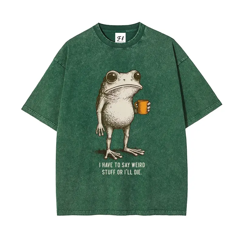 "I HAVE TO SAY WEIRD STUFF "Funny Frog Oversized Vintage Graphic T-Shirt, Retro Streetwear Casual Top in Soft Eco-Friendly Washed Stretch Cotton, Fabric