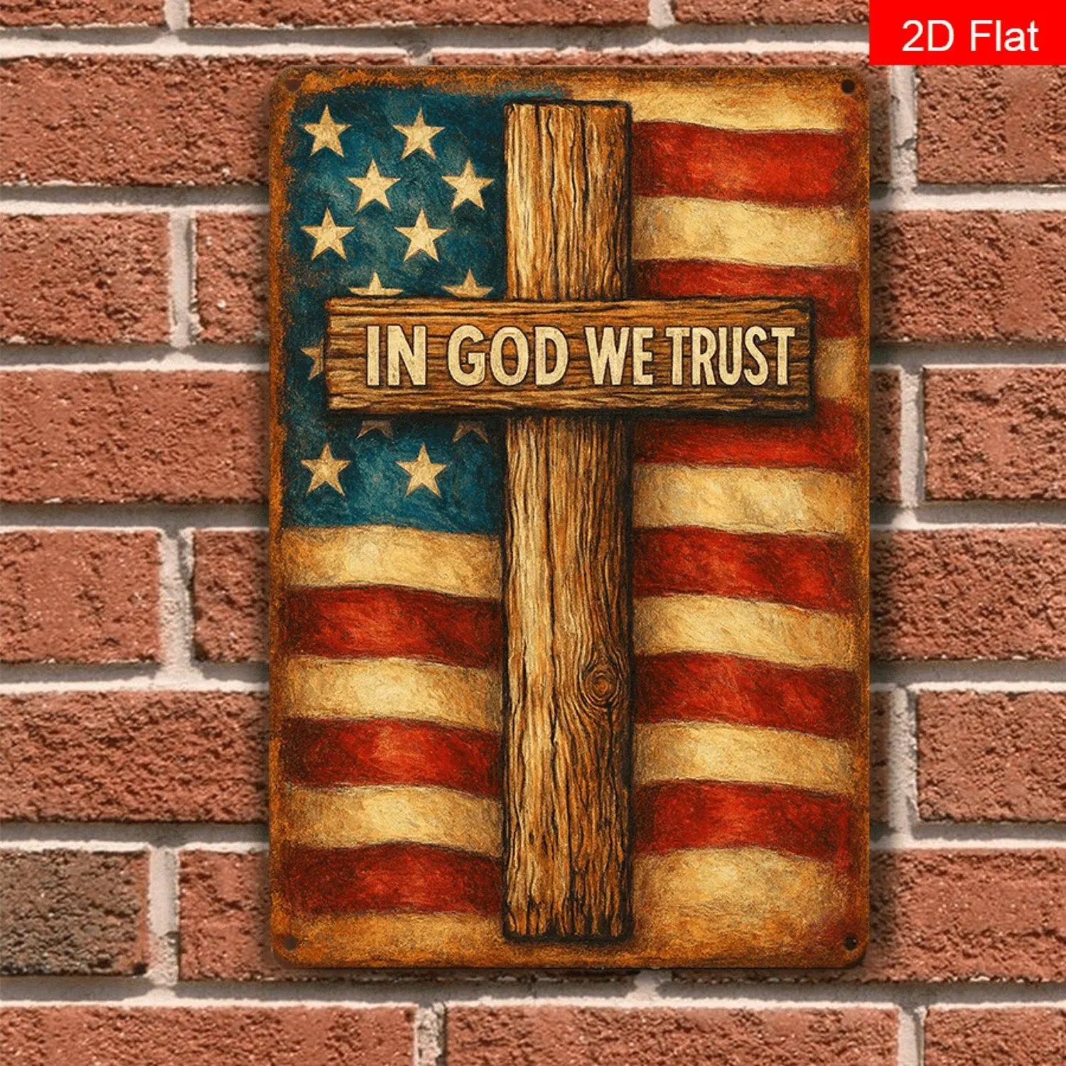 2D Flat Single-Piece "We Believe In God" Patriotic American Flag and Cross Prints for Home Wall Artwork Christian Suitable Decorative Vintage Inspired Style 8x12 Inches