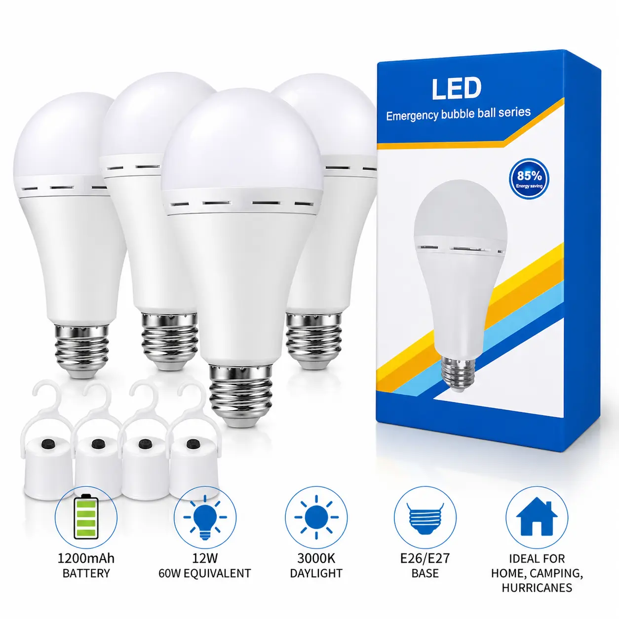 4Pack LED Bulb Kit, 12W 60W Bright Rechargeable Emergency Battery Backup Bulbs, E26/E27 Socket, Recharge & Go Portable Lamp for Home Blackout Survival, 4Pack for Rooms