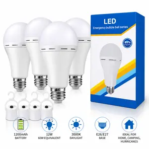 4PCS Emergency Rechargeable Light Bulbs, LED Battery Backup Bulb for Blackout, 12W Super Bright 60W Equivalent, E26/E27 Socket, Portable Camping Lamp for Home Hurricane Survival