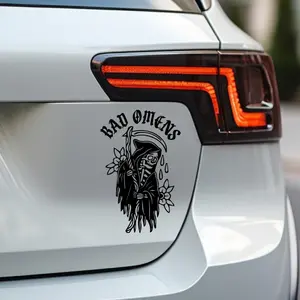 Bad Omens Vinyl Car Decal, Skeleton Reaper with Gothic Band Name Design, Dark Aesthetic Metalcore Decal for Cars, Laptops & Water Bottles, Perfect for Bad Omens Fans, Alt Girls, Alt Guys, Metalheads & Heavy Music Lovers, Bold Reaper Band Sticker
