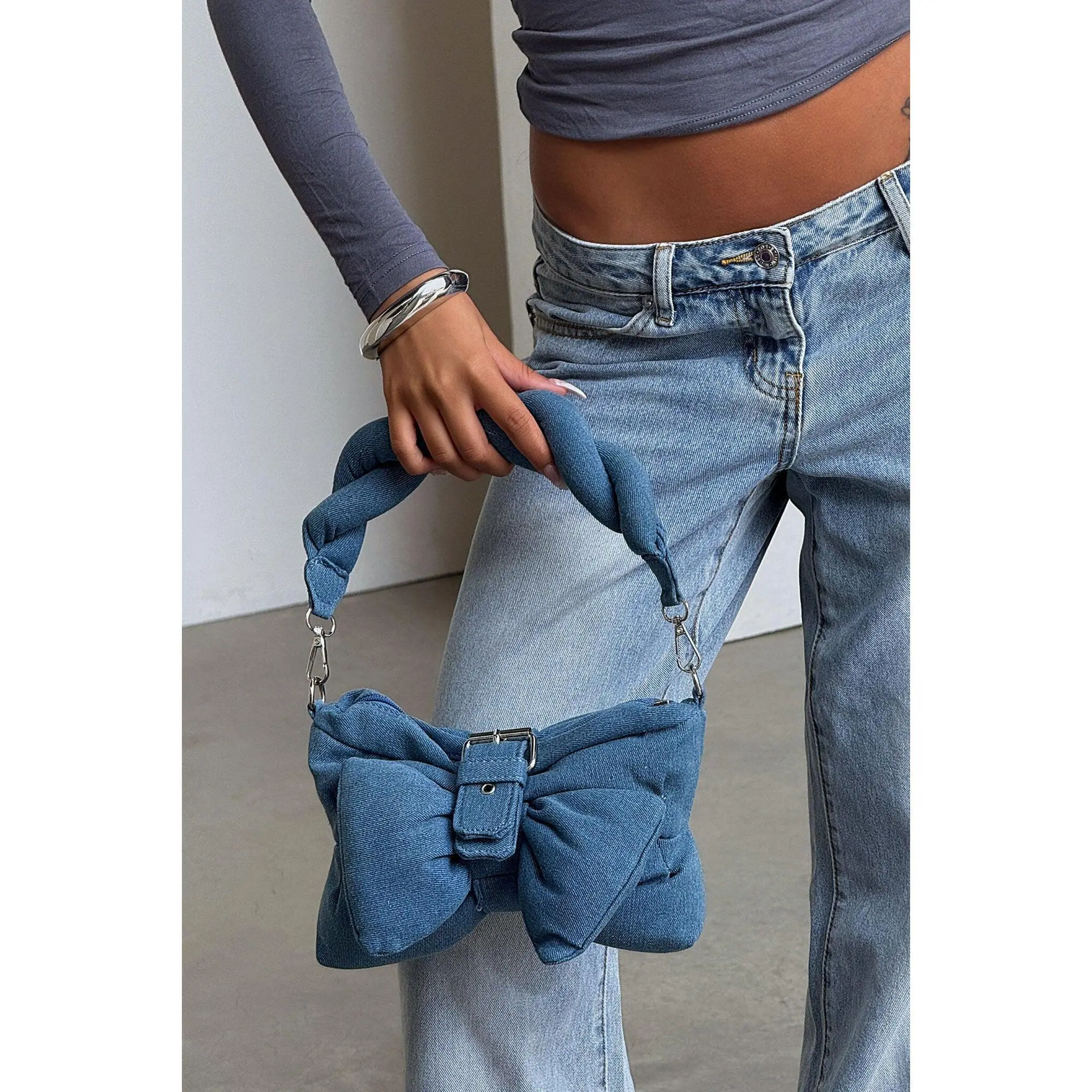 That's So Fetch Women's Maddox Snap-Button Shoulder Bag - Blue Denim, Detachable Strap, Internal Pocket, Silver Zip Secure, Bow Shape, Cute, Trendy And Secure, Twist Or Crossbody, Fashionable Bags, Casual Crossbody Bag, Crossbody Purse Handbags