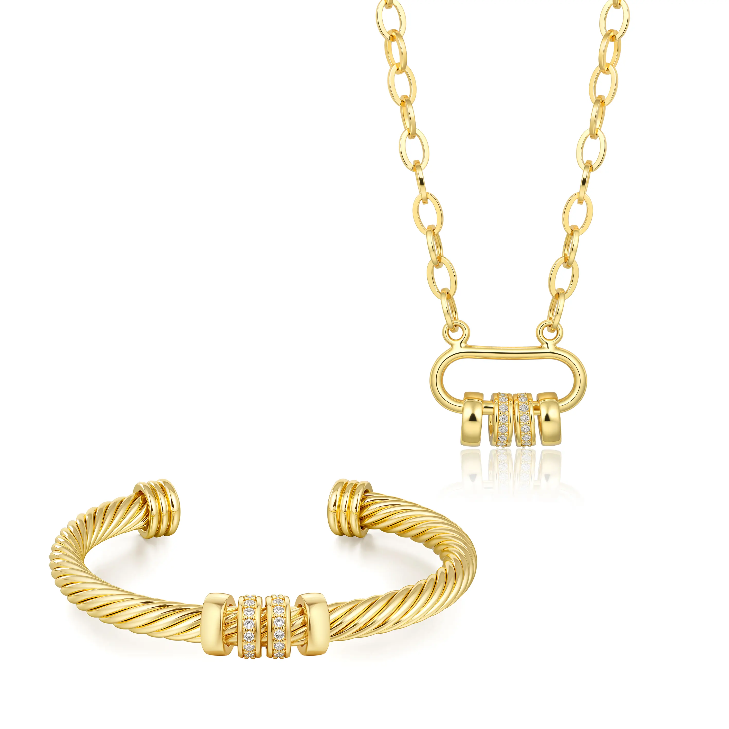 Aprilery Spin for Luck Amulet Necklace and Cuff Bracelet Set with Cubic Zirconia Rotating Center for Women Modern Jewelry