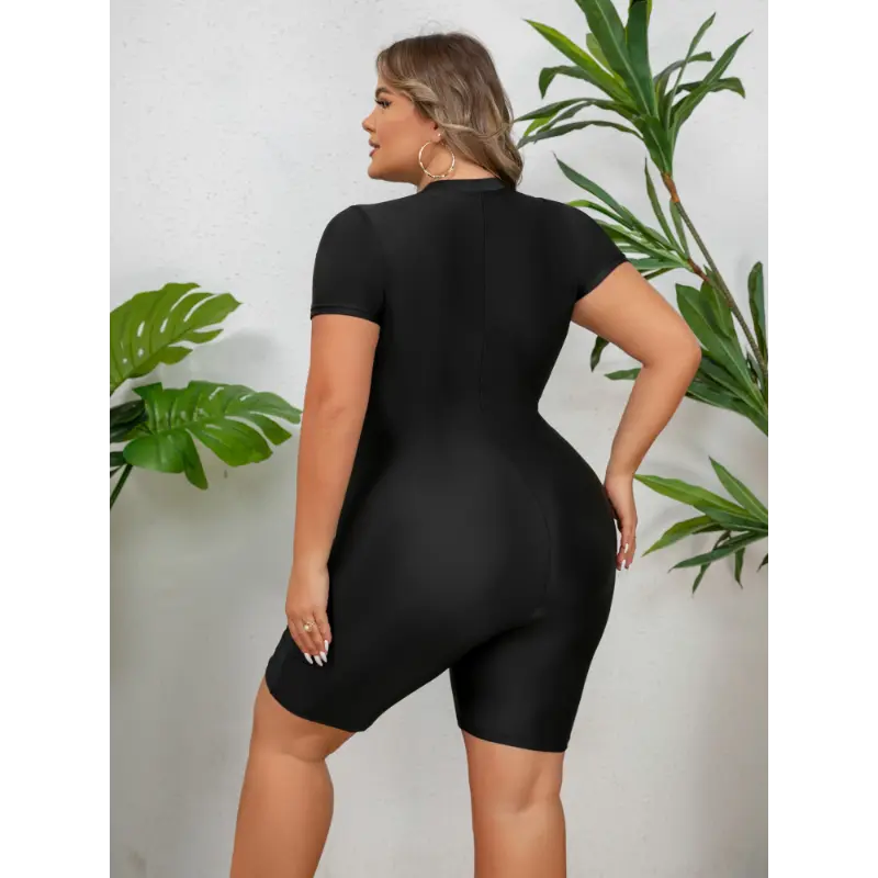 Plus Size Women's One-Piece Swimsuit with Zipper - Sporty Black & Blue Colorblock, High-Stretch Polyester Fabric, Round Neck, Machine Washable, Beachwear for Women|Sporty Design|Flexible Swimwear, High Waisted Swimsuit