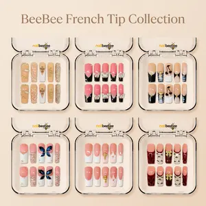 NailBeeBee French Tip Collection｜10PCS 100% Handmade Press-On Nails｜1.3 Inch Long Square｜Reusable Colorful Art Acrylic Stylish