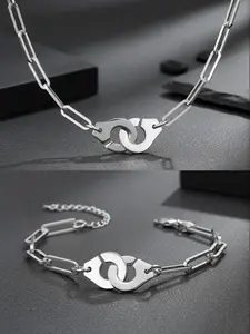 Stainless Steel Handcuff Element Two-Piece Set, Necklace Bracelet Combo, Cool Metal Style Design, Unisex Unique Trendy Accessories