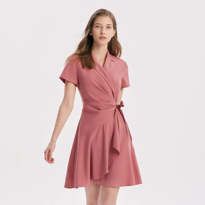 GOELIA V-neck Notched Lapel Lace-Up Mini Dress Casual Womenswear Lady Basic