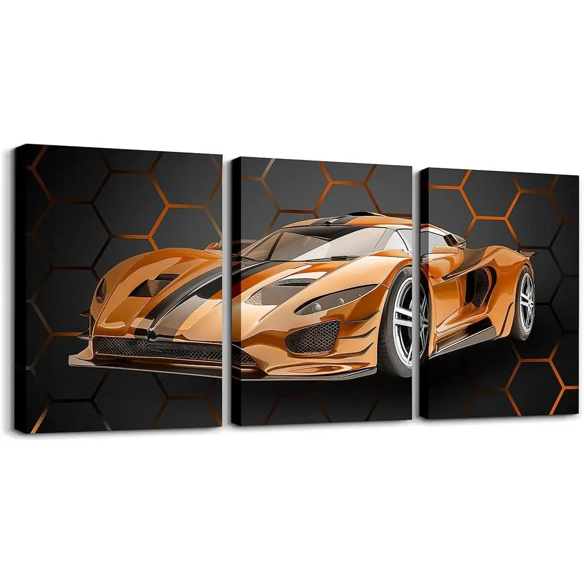Feelyou 3-Piece Retro Cars Canvas Wall Art Print - 12"x16" Honeycomb Framed Artistic Geometric Posters, Orange Vehicle-Themed Durable Eco-Friendly Home Decor, Easy-Clean Indoor Hangers for Kid Room, Ideal Gift