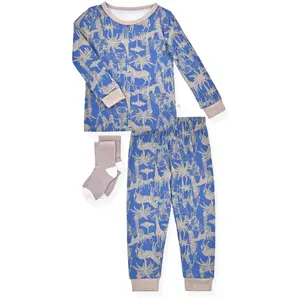 Boys 2-Piece Super Soft Jersey Snug-Fit Pajama Set with Socks- Jungle Safari.