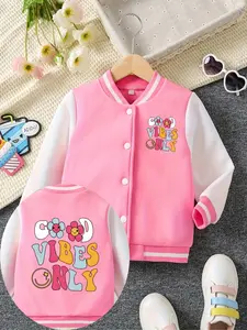 Autumn Casual Fashion Cartoon Letter Print Girls' Baseball Jacket, Breathable Polyester Fabric, Perfect for Outdoor Sports
