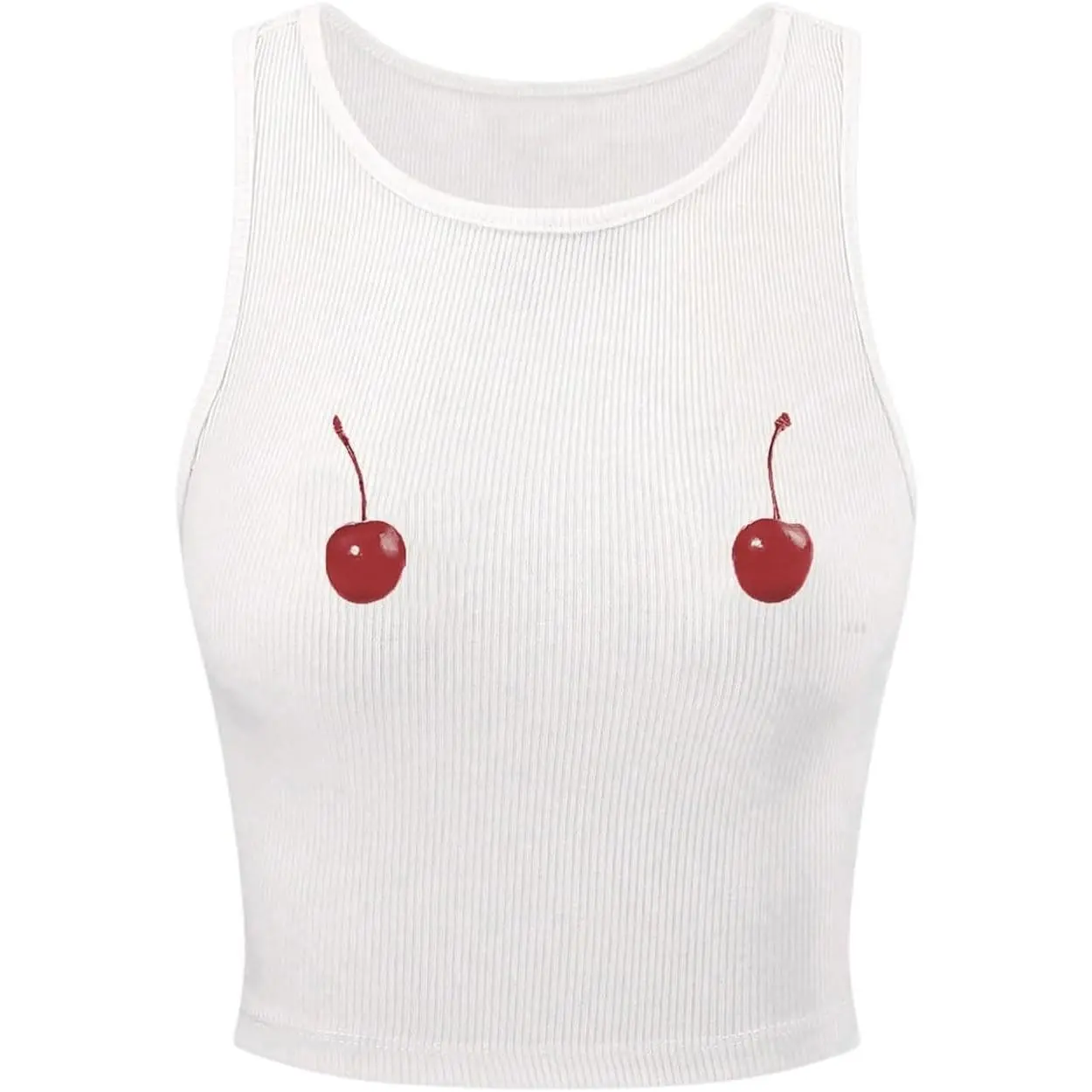 Women's Cherry Print Cropped Tank Top Scoop Neck Sleeveless Slim