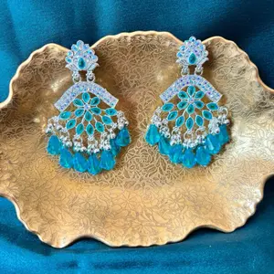 Sliver Rhinestone Jhumka Earring Colorful with Blue Teardrop Design and Sparkling Rhinestones