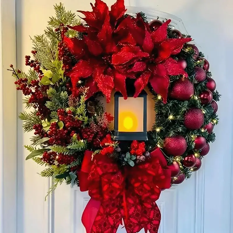 Large Artificial Lighted Christmas Wreath - UV-Resistant, Warm Glow, Dry Battery Power, Indoor/Outdoor Use, Burgundy Berries, Ribbon, Pinecone-Shaped Leaves, All Seasons Plastic, Festive Women's Door/Wall Hanging Gift