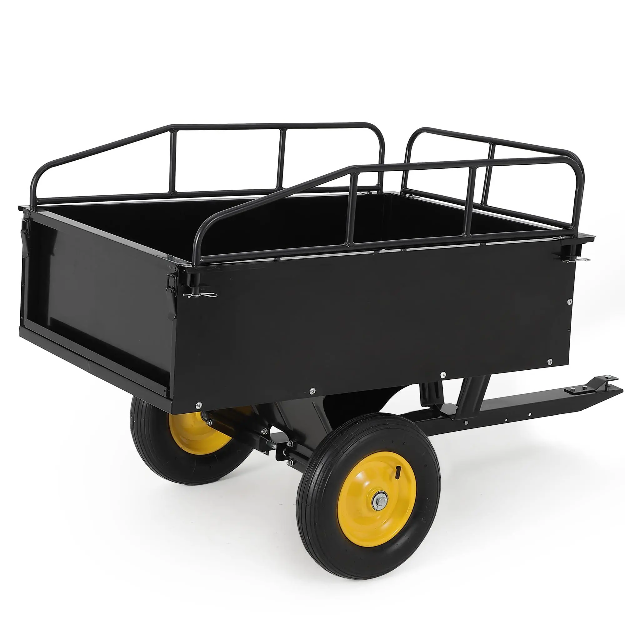 Heavy Duty Steel Garden Dump Cart – 17 Cu.Ft Utility Trailer, Removable Sides, 750 lbs Capacity, Global Hitch for Lawn Mower, ATV, UTV, Tractor – Quick Release Foot Pedal, 16" All-Terrain Tires – 750