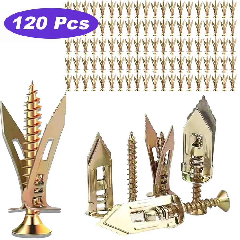 Heavy Duty Zinc Plated Steel No Drill Drywall Anchors and Screws Self Drilling Self Tapping Hardware for TV Wall Mounts, Bike Hooks, Display Shelves, Cosmetic Mirror Home Fixing Accessories 120 Pcs