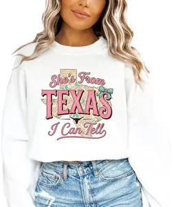 She’s From Texas I Can Tell Sweatshirt Cozy Cowgirl Western Graphic Pullover for Women