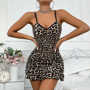 Leopard Print Ruched Bodycon Mini Dress, V-Neck Ruffle Hem Party Dress, Sizes S–XL Casual Fabric Soft Womenswear Adjustable Black Ruffled
