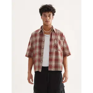 Men's Casual Cropped Plaid Shirt - Short Sleeve, Button-Up, Loose Fit, Summer Style, Brown & Beige Retro Checkered Pattern, Cotton Fabric, Perfect for Casual Outings, Relaxed Outdoor Wear |   Retro Checkered Shirt |   Easycare Clothing Menswear Top