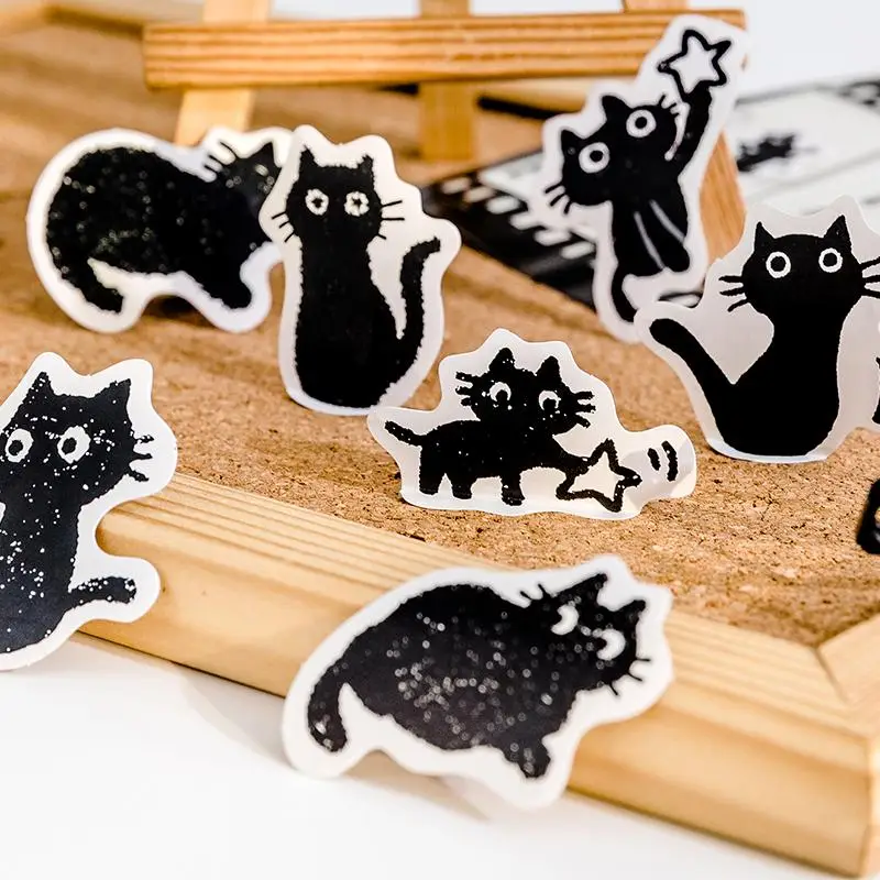 45pcs/box Cartoon Black Cat Pattern Sticker, Cute Pet Play Daily Pattern Self-adhesive Sticker, Decorative Sticker for Phone Case Computer Guitar Bag