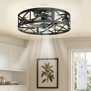Farmhouse Flush Mount Caged Ceiling Fan with Lights,  Bladeless Low Profile Ceiling Fan with Remote Control, 6 Speeds Reversible Quiet DC Motor, Industrial Rustic Ceiling Fan for Kitchen Bedroom