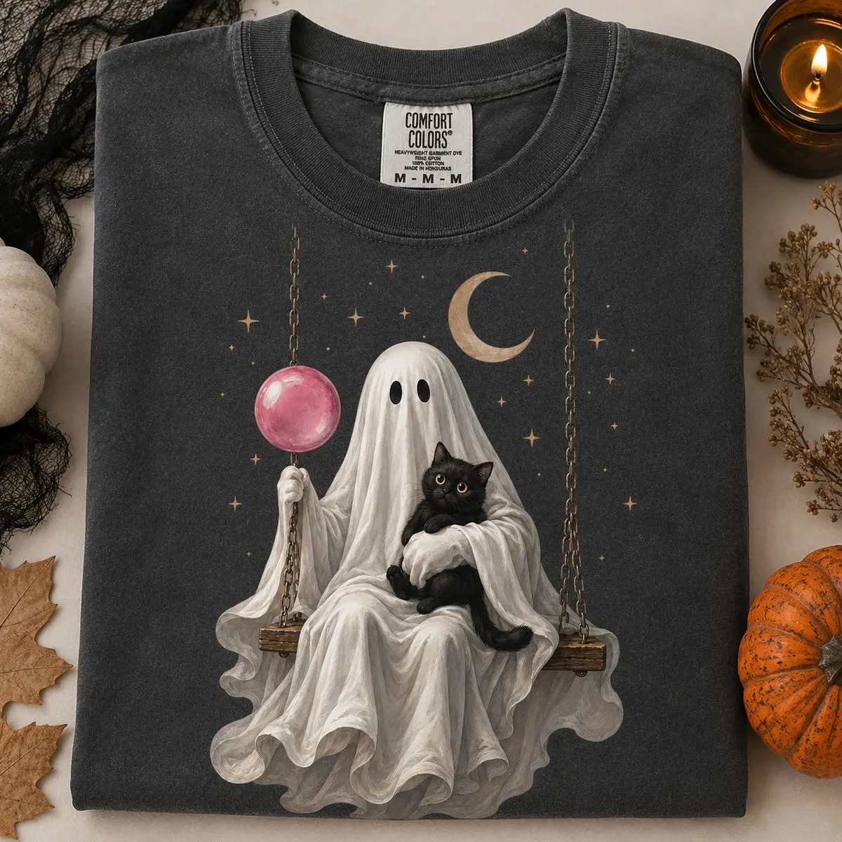 Comfort Colors Ghost Swing Shirt, Cute Cat Ghost Graphic Tee, Bubble Gum Halloween Shirt, Vintage Autumn Spooky Season Tee