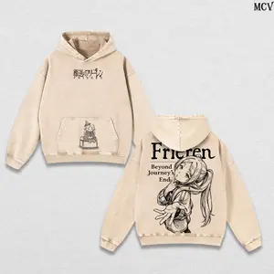 Frieren Beyond Journey’s End Hoodie & Tee Washed, Vintage Washed Heavy Cotton Oversized Anime Manga Hoodie T-Shirt Set, Retro Unisex Streetwear Graphic Top, Fantasy Healing Journey Edition, Japanese Anime Merch